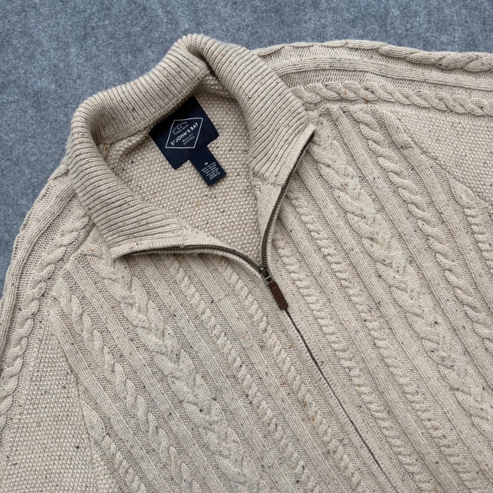 St Johns Bay Mens Beige Cable Knit Full Zip Cardigan Sweater Mock Neck Medium